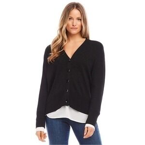 NWT Karen Kane Sweater Cardigan Cashmere Blend Black w/ White Shirt Hem X-Large